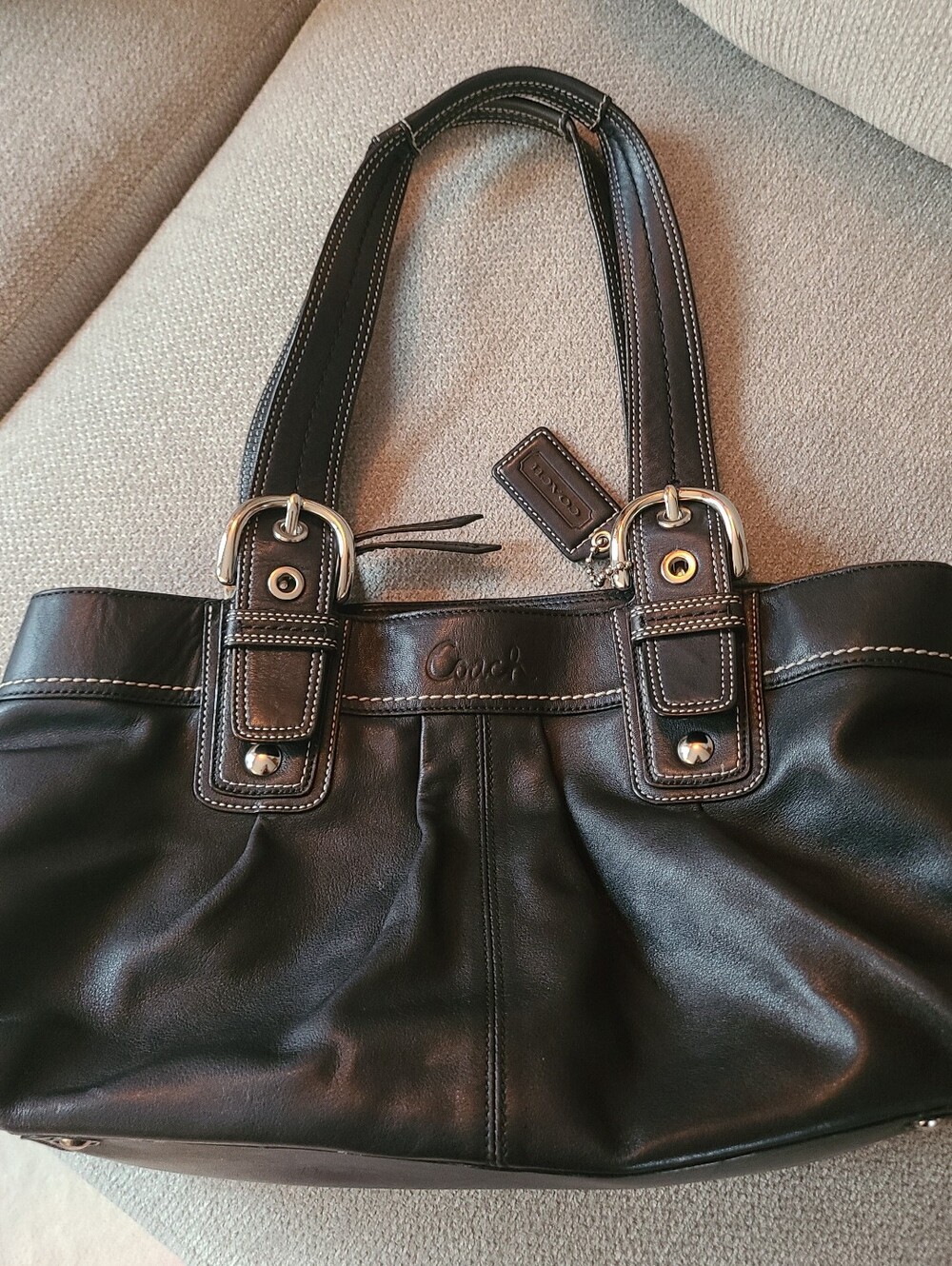 Coach Black Leather Shoulder Bag with Contrast Stitching